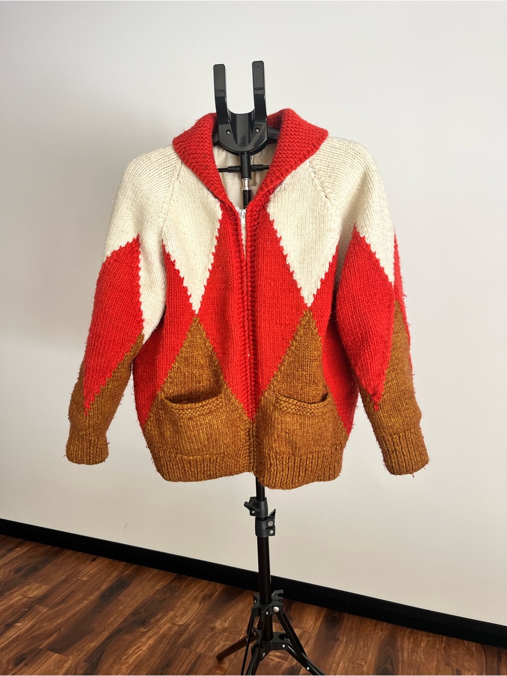 Vintage Chunky Colorblock Zip Hoodie Sweater - Red, Cream & Brown